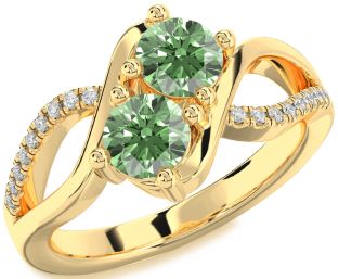 Green Diamond Gold Silver Round Two Stone Ring