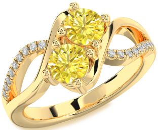 Yellow Diamond Gold Silver Round Two Stone Ring