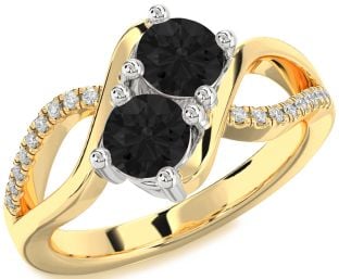 Black Diamond Gold Silver Round Two Stone Ring