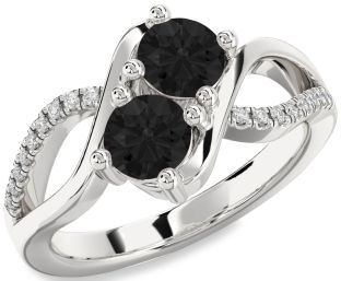 Black Diamond Silver Round Two Stone Ring