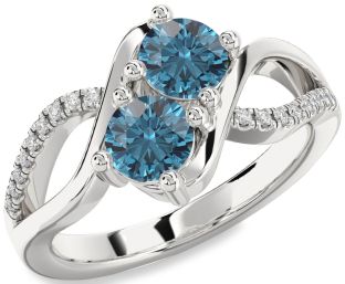 Blue Diamond Silver Round Two Stone Ring
