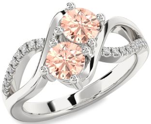 Diamond Morganite Silver Round Two Stone Ring