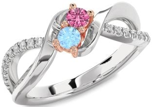 Diamond Silver & 10K Rose Gold Round Two Stone Promise Ring