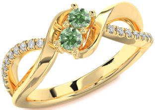 Green Diamond Gold Silver Round Two Stone Ring