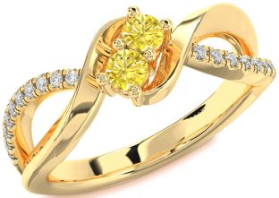 Yellow Diamond Gold Silver Round Two Stone Ring