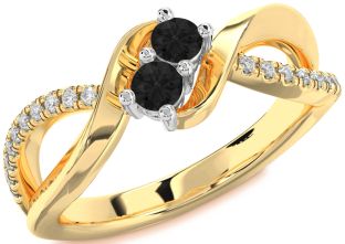 Black Diamond Gold Silver Round Two Stone Ring