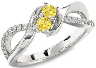 Yellow Diamond Silver Round Two Stone Ring