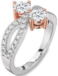 Diamond Silver & 10K Rose Gold Round Two Stone Ring