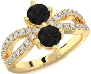 Black Diamond Gold Silver Round Two Stone Ring