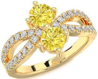 Yellow Diamond Gold Silver Round Two Stone Ring