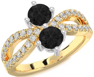 Black Diamond Gold Silver Round Two Stone Ring