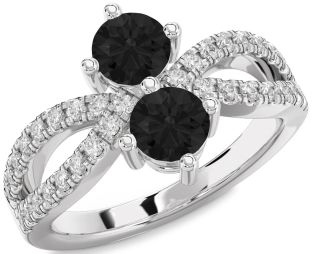 Black Diamond Silver Round Two Stone Ring