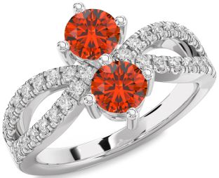 Diamond Fire Opal Silver Round Two Stone Ring