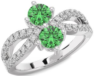 Diamond Green Sapphire Silver Round Two Stone Ring