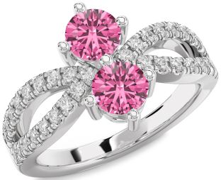 Diamond Pink Sapphire Silver Round Two Stone Ring