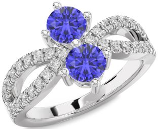 Diamond Tanzanite Silver Round Two Stone Ring