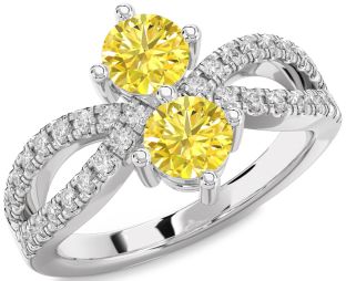 Yellow Diamond Silver Round Two Stone Ring