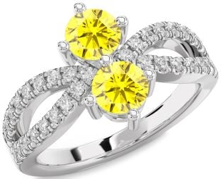 Diamond Yellow Sapphire Silver Round Two Stone Ring
