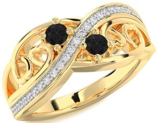 Black Diamond Gold Silver Heart Two Stone Ring
