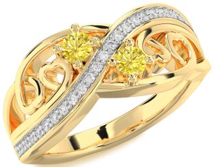 Yellow Diamond Gold Silver Heart Two Stone Ring