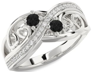 Black Diamond Silver Heart Two Stone Ring