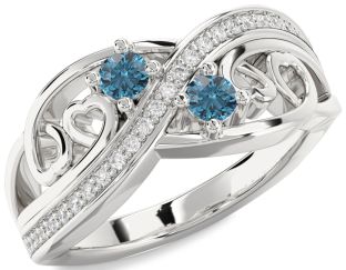 Blue Diamond Silver Heart Two Stone Ring