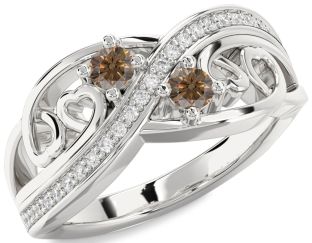 Chocolate Brown Diamond Silver Heart Two Stone Ring