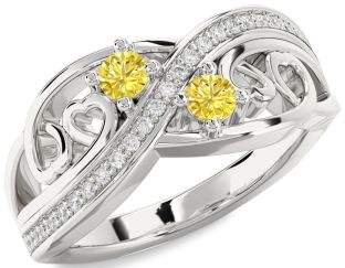 Yellow Diamond Silver Heart Two Stone Ring