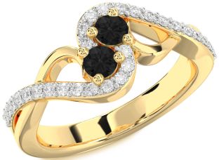 Black Diamond Gold Silver Round Two Stone Ring