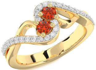 Diamond Fire Opal Gold Silver Round Two Stone Ring