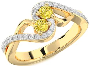 Yellow Diamond Gold Silver Round Two Stone Ring