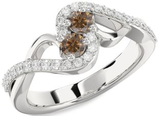 Chocolate Brown Diamond Silver Round Two Stone Ring