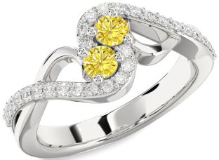 Yellow Diamond Silver Round Two Stone Ring