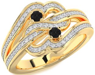 Black Diamond Gold Silver Round Two Stone Pave Ring