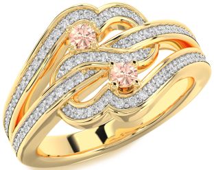 Diamond Morganite Gold Silver Round Two Stone Pave Ring
