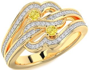 Yellow Diamond Gold Silver Round Two Stone Pave Ring