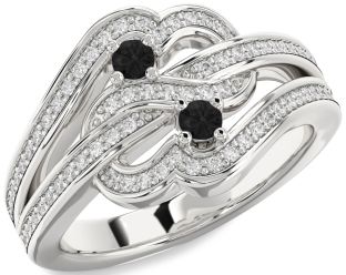 Black Diamond Silver Round Two Stone Pave Ring
