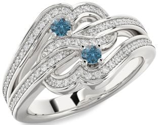 Blue Diamond Silver Round Two Stone Pave Ring