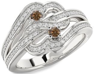 Chocolate Brown Diamond Silver Round Two Stone Pave Ring