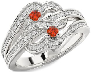 Diamond Fire Opal Silver Round Two Stone Pave Ring