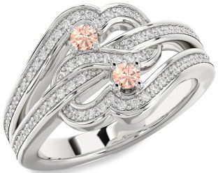 Diamond Morganite Silver Round Two Stone Pave Ring