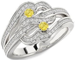 Yellow Diamond Silver Round Two Stone Pave Ring