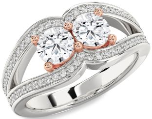 Diamond Silver & 10K Rose Gold Round Two Stone Ring
