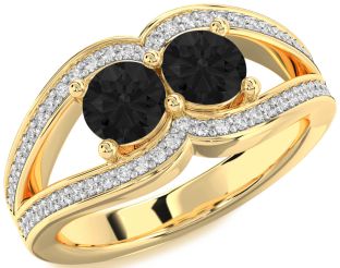 Black Diamond Gold Silver Round Two Stone Ring