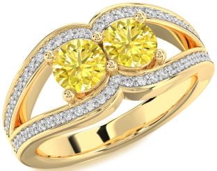 Yellow Diamond Gold Silver Round Two Stone Ring