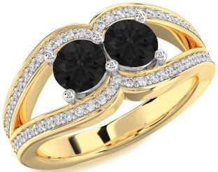 Black Diamond Gold Silver Round Two Stone Ring