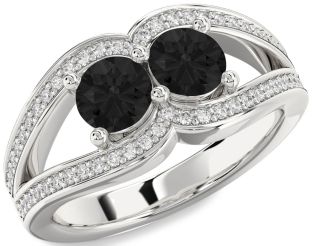 Black Diamond Silver Round Two Stone Ring