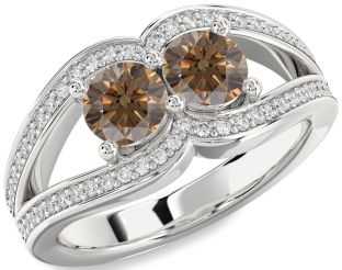 Chocolate Brown Diamond Silver Round Two Stone Ring