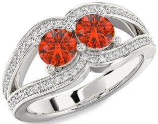 Diamond Fire Opal Silver Round Two Stone Ring