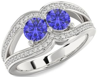Diamond Tanzanite Silver Round Two Stone Ring